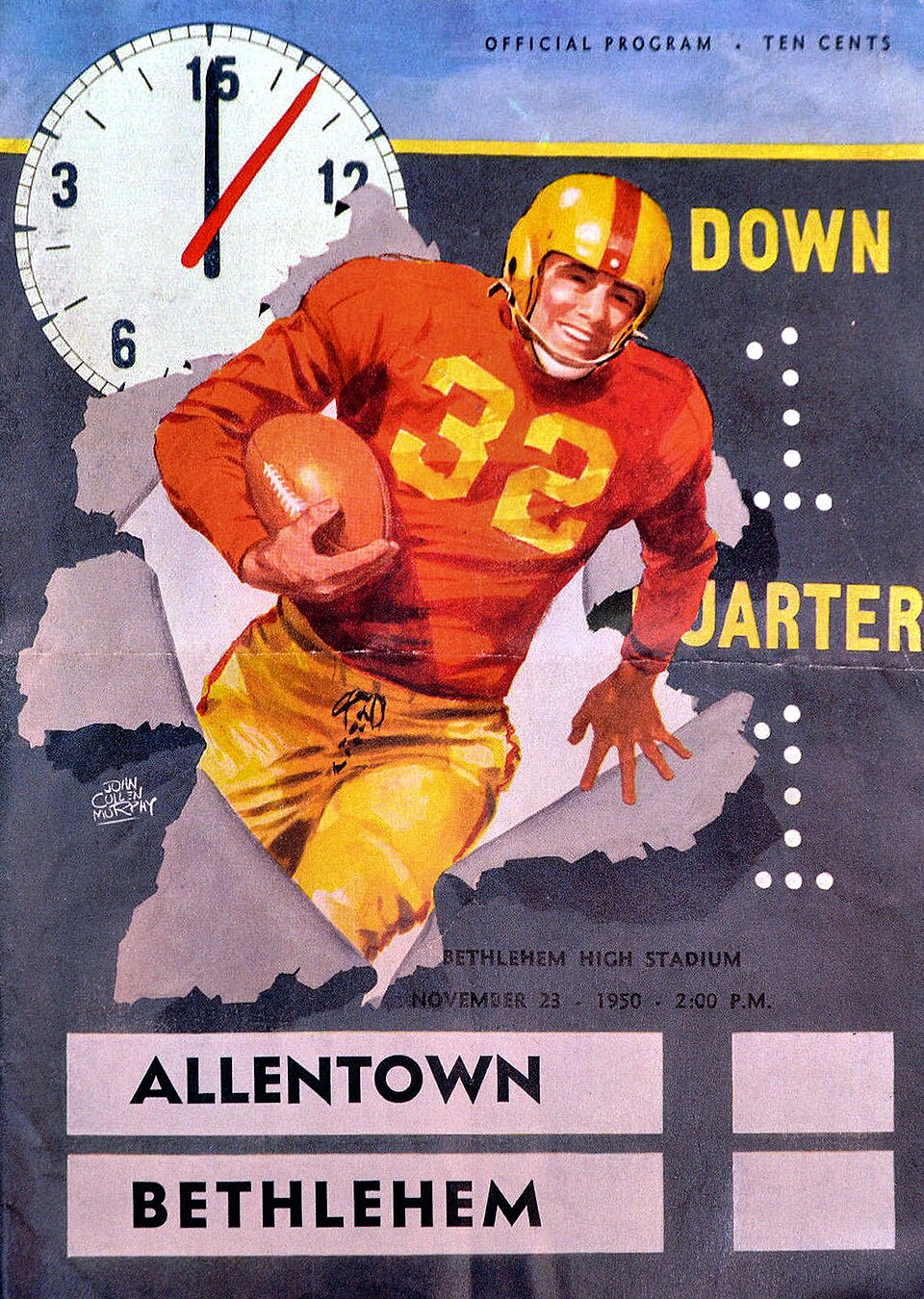 Vintage November 23, 1950, Allentown vs. Bethlehem High School football program cover from Bethlehem High Stadium. Features a striking John Cullen Murphy mixed-media illustration of a ball carrier in a red jersey (#32) and gold helmet bursting through a torn paper scoreboard background next to a stadium clock. Priced at ten cents. A primary source for Pennsylvania high school gridiron history and Pigskin Dispatch archives.