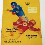 Full color hand drawn water color illustration of 1952 high school football action play of a runner avoiding a tackle for Bok VT vs Allentown High School Football Program - Allentown PA