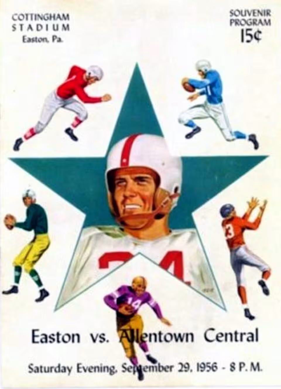 SEO Optimized Alt Text "Vintage September 29, 1956, Easton vs. Allentown Central Catholic high school football souvenir program cover for the game at Cottingham Stadium. Features a large teal star background containing a central illustration of a player in a white helmet with a red stripe, surrounded by five smaller figures depicting passing, catching, running, and blocking actions. Priced at 15 cents. A primary source for Pennsylvania high school gridiron history and Pigskin Dispatch archives.