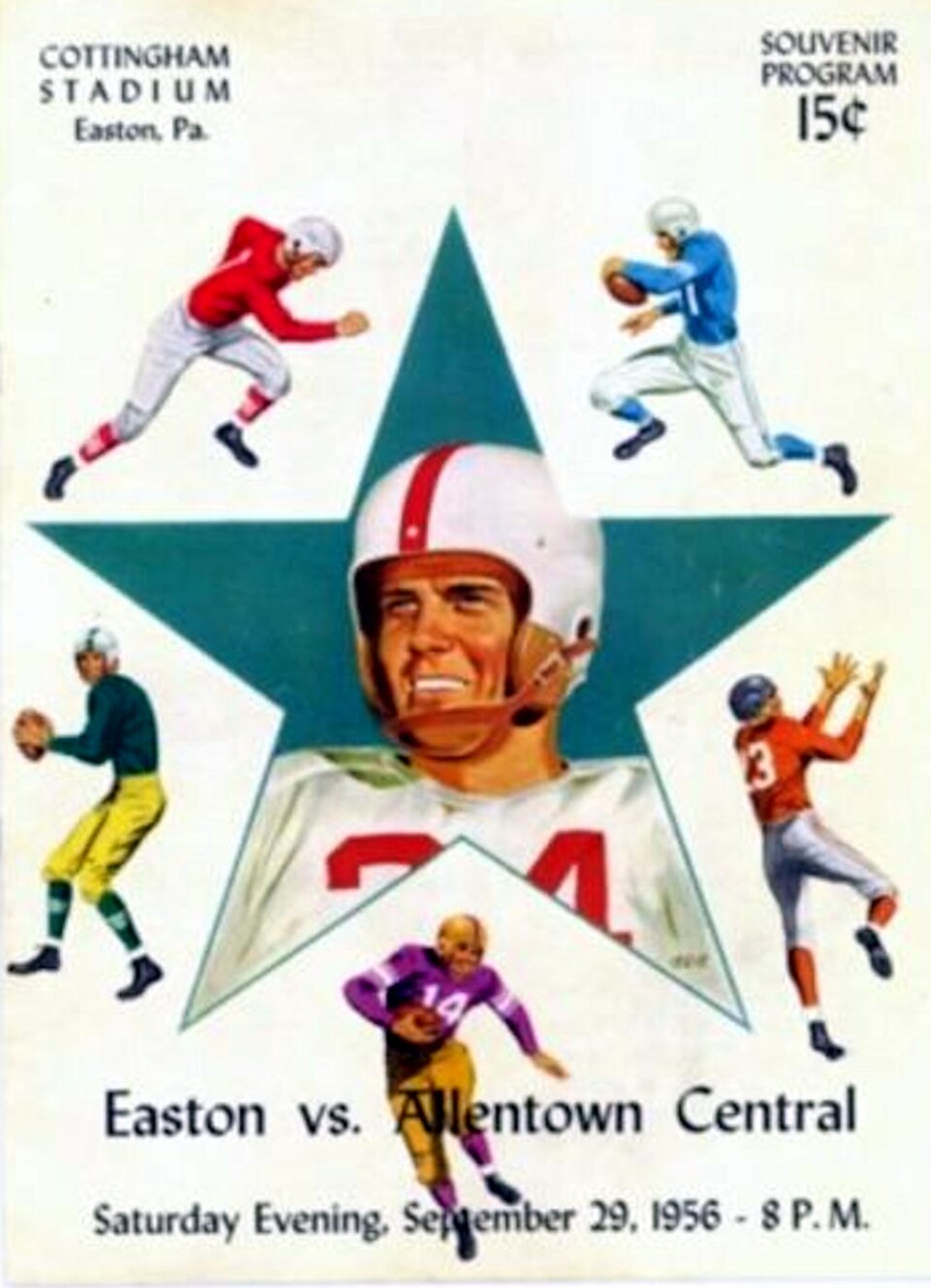 SEO Optimized Alt Text "Vintage September 29, 1956, Easton vs. Allentown Central Catholic high school football souvenir program cover for the game at Cottingham Stadium. Features a large teal star background containing a central illustration of a player in a white helmet with a red stripe, surrounded by five smaller figures depicting passing, catching, running, and blocking actions. Priced at 15 cents. A primary source for Pennsylvania high school gridiron history and Pigskin Dispatch archives.