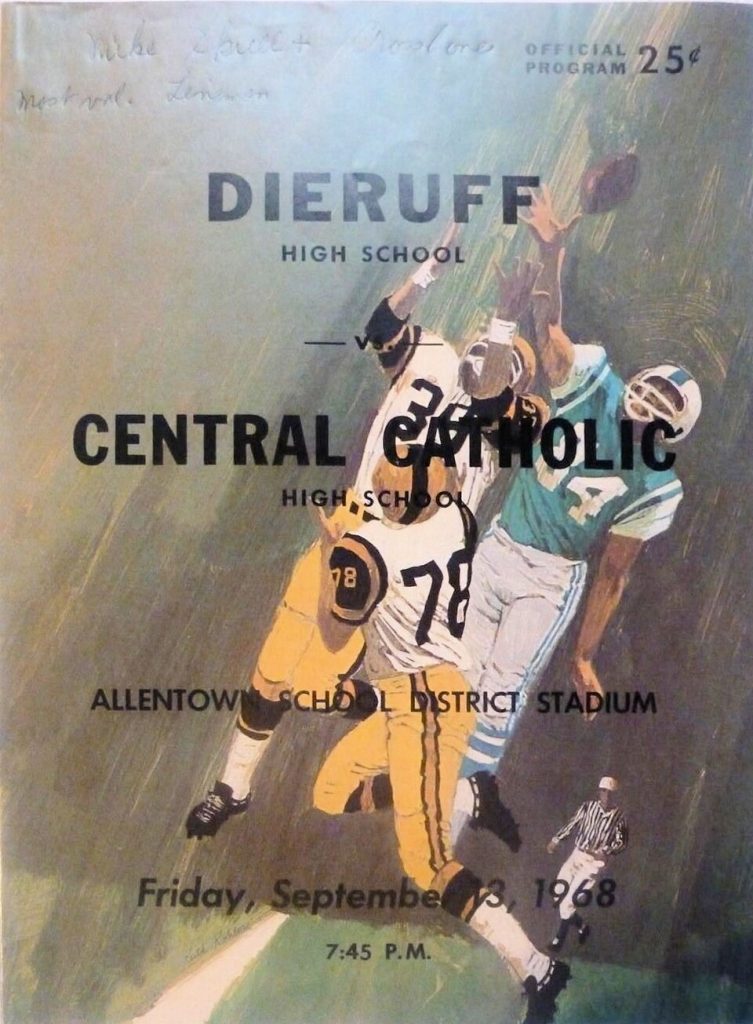 Vintage 1968 full color water color hand drawn high school football program cover from Sept 13 gam e between Dieruff vs Central Catholic - Football Program - 13 Sep - Allentown PA