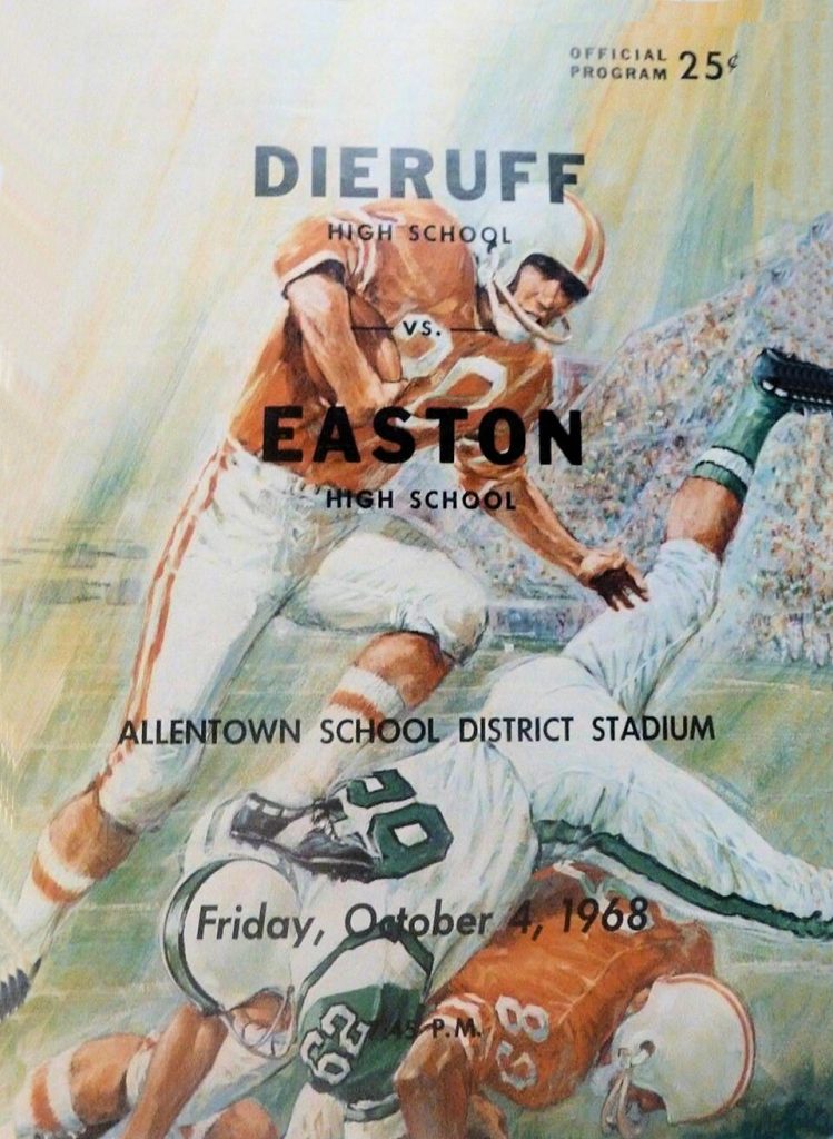Full color hand drawn water color image of 1968 football llayers during a running play for the 1968 - Easton vs Dieruff High School Football Program - Allentown PA