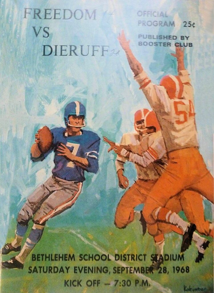 SEO Optimized Alt Text "Vintage September 28, 1968, Freedom vs. Dieruff high school football official program cover for the game at Bethlehem School District Stadium. Features an impressionistic oil painting style illustration by Kokinna depicting a quarterback in a blue jersey (#7) escaping pressure from two defenders in white and orange jerseys (#54). Published by the Booster Club and priced at 25 cents. A primary source for Lehigh Valley scholastic gridiron history and Pigskin Dispatch archives.