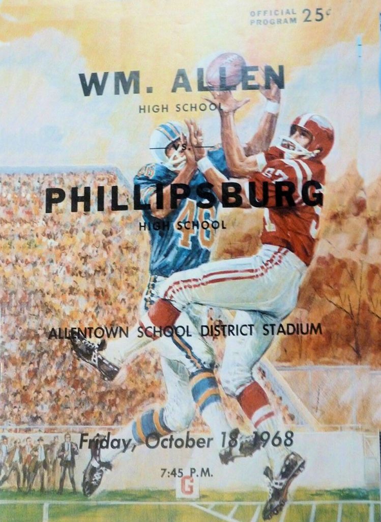 Full color water color drawn image of a 1968 high school football program cover with and image of game action of two opposing players competing in a pass play.
