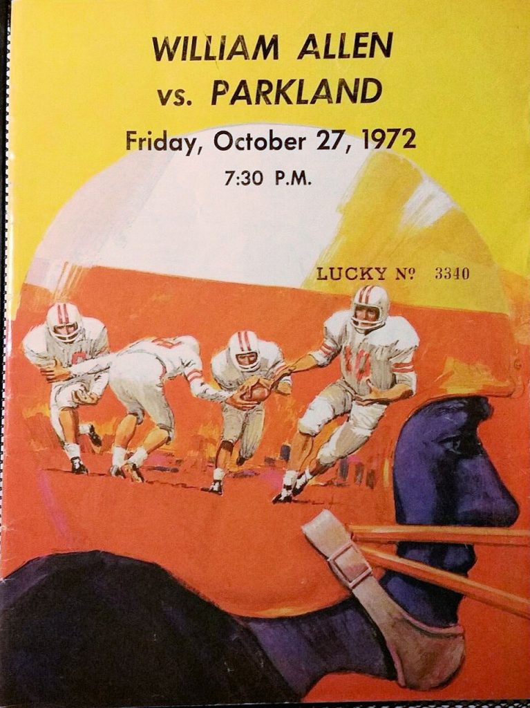 Full color water color dwg of football action in orange and yellow hue for William Allen - Parkland High School Football Program - Allentown PA- 1972