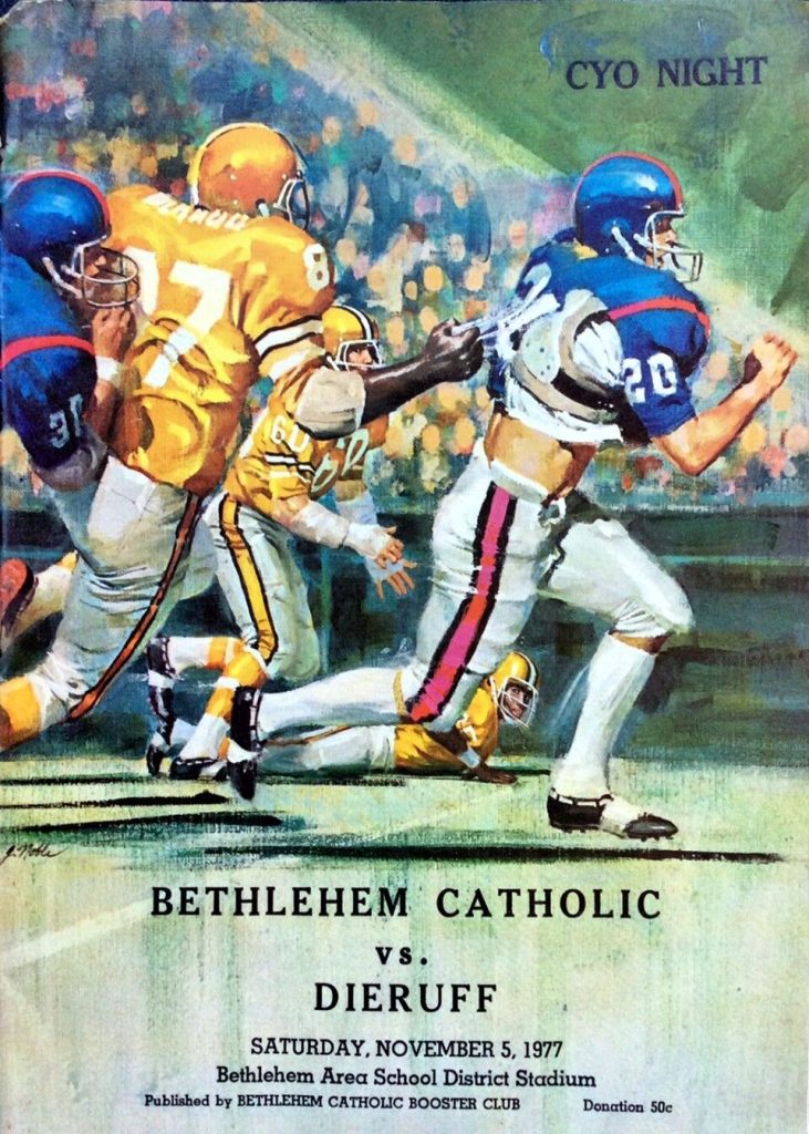 Full color game day high school program cover of 1977 - Dieruff vs Bethlehem Catholic Football Program - 5 Nov - Allentown PA