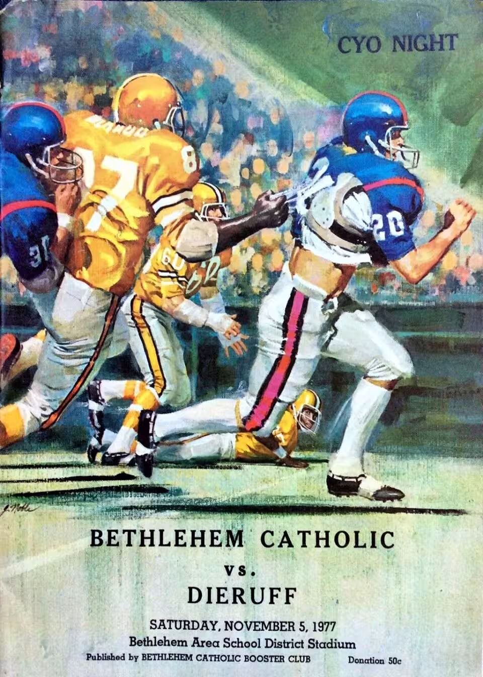 Full color game day high school program cover of 1977 - Dieruff vs Bethlehem Catholic Football Program - 5 Nov - Allentown PA