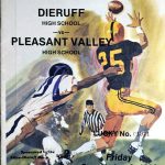 Full color artists rendering of a high school football game in 1983 where a receiver is catching a pass in front of a defender.