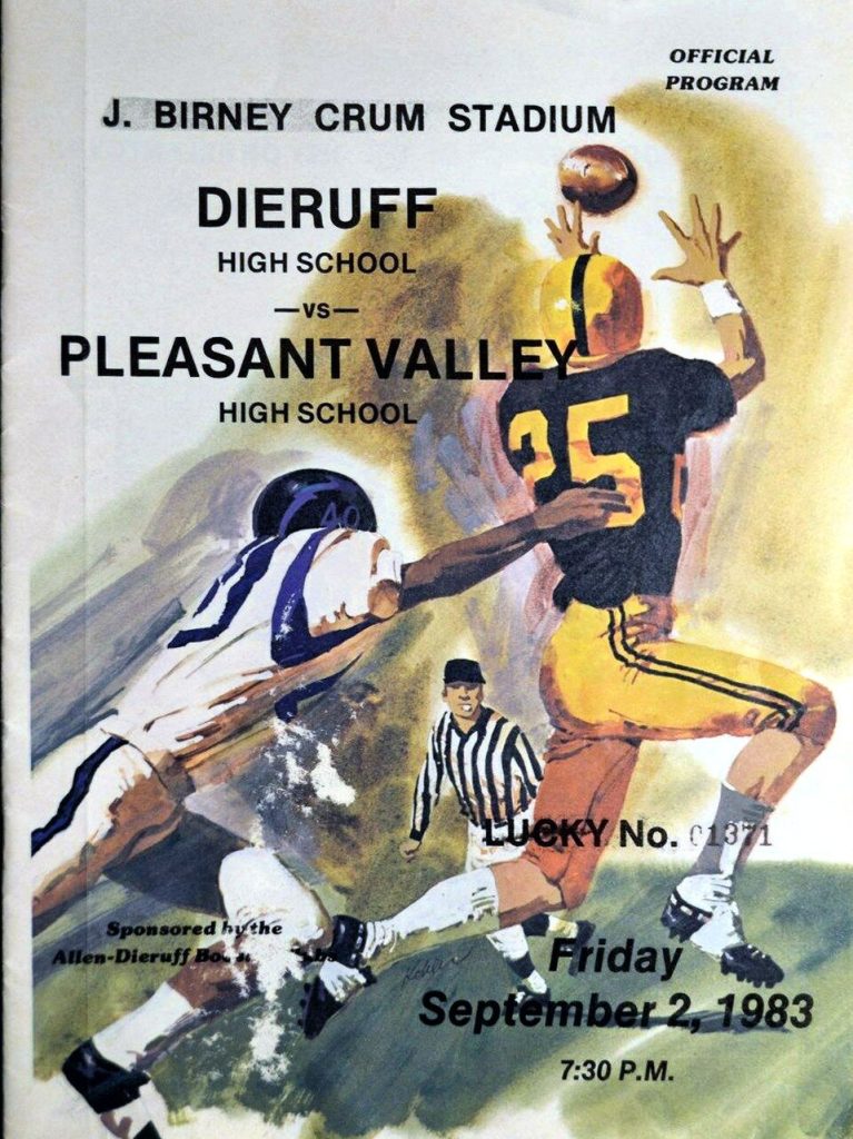 Full color artists rendering of a high school football game in 1983 where a receiver is catching a pass in front of a defender.