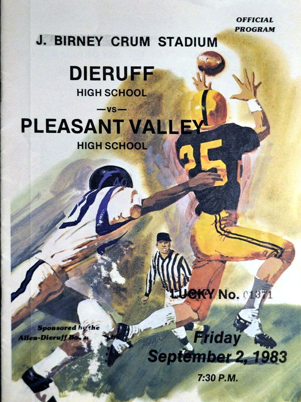 Full color artists rendering of a high school football game in 1983 where a receiver is catching a pass in front of a defender.