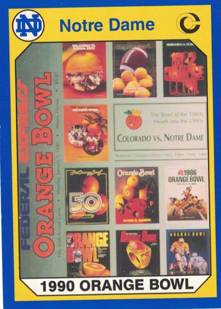 Full color trading card of 1990 Collegiate Collection Notre Dame - Card #56 - 1990 Orange Bowl - Notre Dame Fighting Irish vs Colorado Buffaloes. Darin Hayes' personal collection.