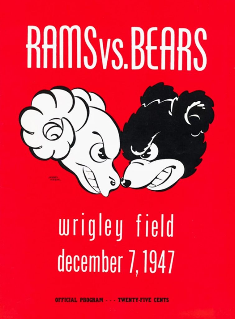 Red color back ground with black and white hand drawn images of a ram facing a bear head for the December 7, 1947 Bears vs Rams game day program cover.