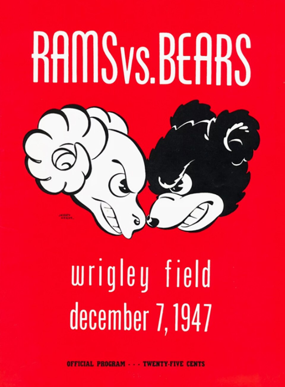 Red color back ground with black and white hand drawn images of a ram facing a bear head for the December 7, 1947 Bears vs Rams game day program cover.