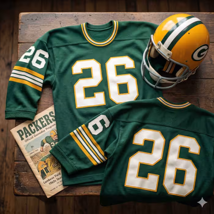 AI created Green Bay Packers uniform number 26 lying on an old wooden table