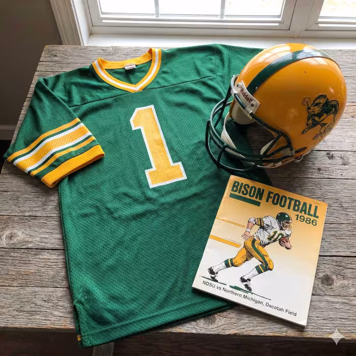 AI generated green ND Stae jersey 1 on a wodden table with a yellow helmet with logo, and period example of a program