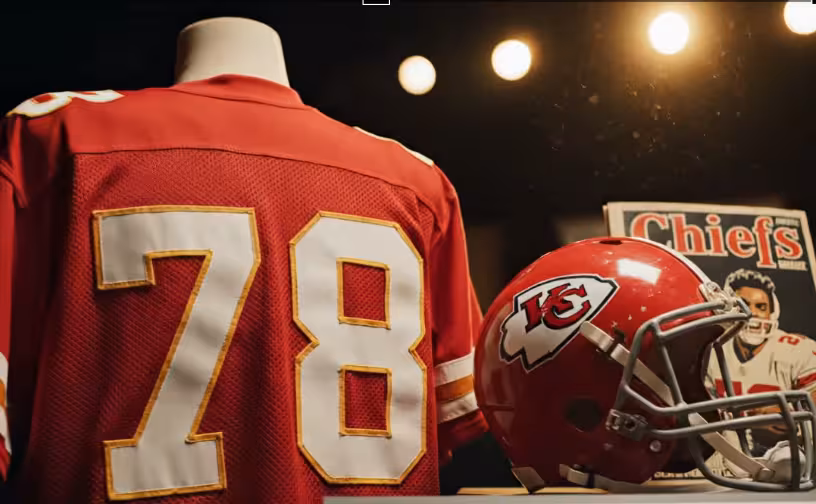 Vintage Kansas City Chiefs uniform display from Bobby_Bell_78.jpg honoring Bobby Bell. Features the back of a red mesh jersey with white-and-gold trimmed block number 78 on a mannequin. Next to it sits a scuffed red helmet with the white arrowhead 'KC' logo and a grey cage facemask, alongside a retro Chiefs magazine under warm studio lights. A primary source for AFL and Pro Football Hall of Fame history and Pigskin Dispatch archives.