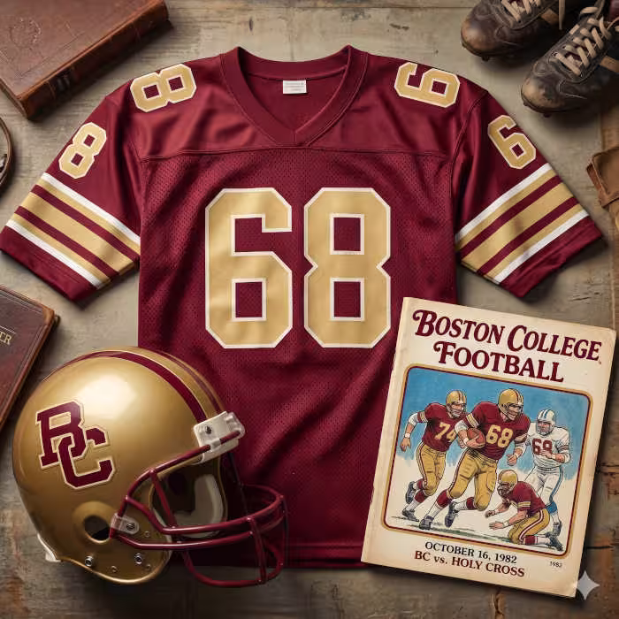 AI-generated Crimson BC jersey 68 on a wooden table with a tan and Gold helmet and period example of a program