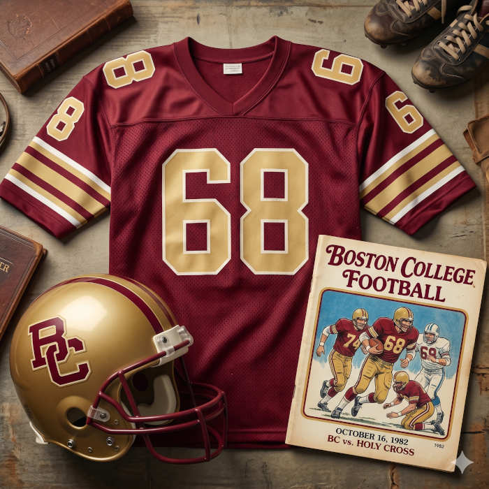 AI-generated Crimson BC jersey 68 on a wooden table with a tan and Gold helmet and period example of a program