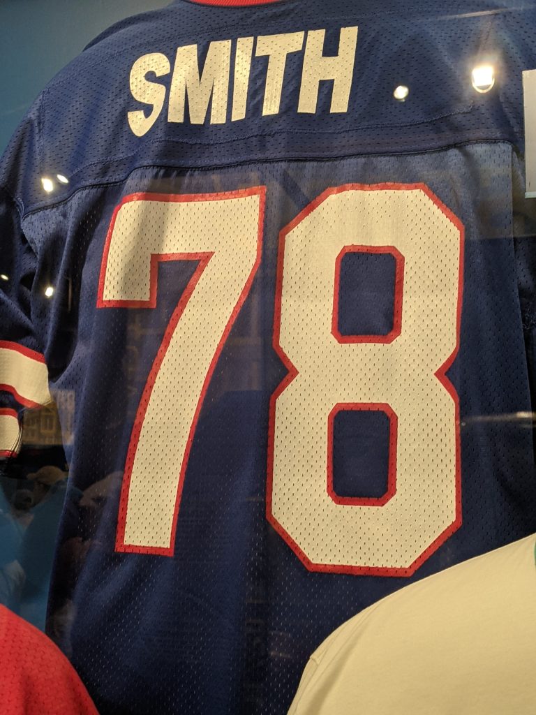 Color Photo of Bruce Smith's Blue Bills jersey 78 in the Pro Football Hall of Fame, taken by Darin Hayes 2021.