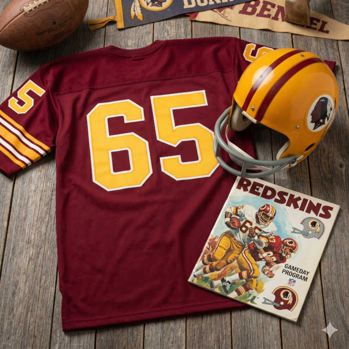 AI generated green Washington jersey 65 on a wooden table with a yellow helmet with logo, and period example of a program