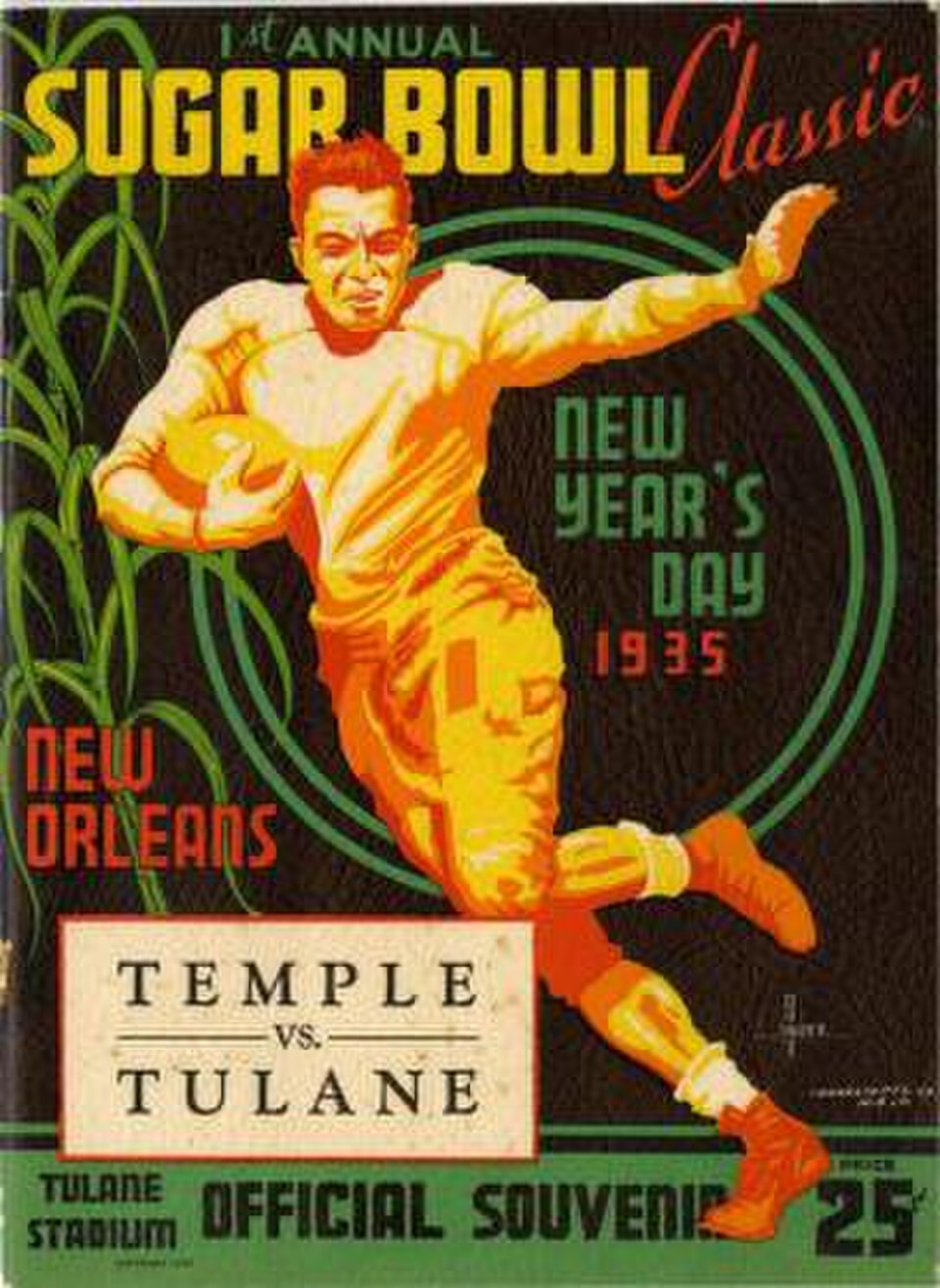 Full color hand drawn gridiron image of a player with the ball on Cover of the game program for the 1935 Sugar Bowl