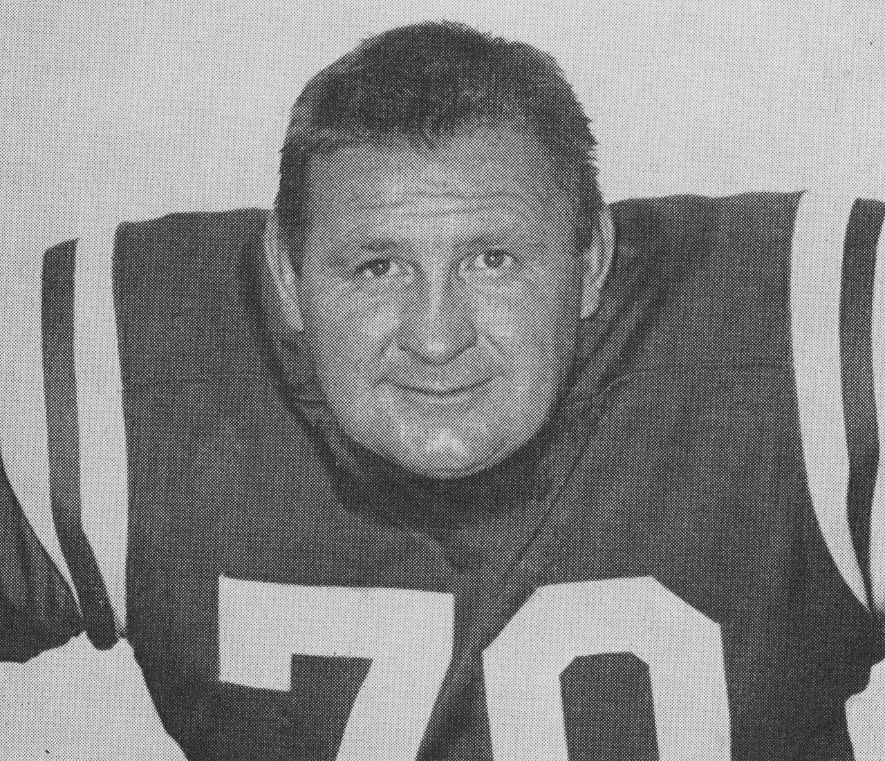 Black and white 1960 publicity photo cropped of Art Donovan in his number 70 Colts uniform