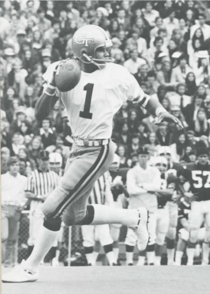 Vintage black and white game action photo of Eddie McAshan, quarterback for the Georgia Tech Yellow Jackets football team, during an unidentified game in the 1972 season.