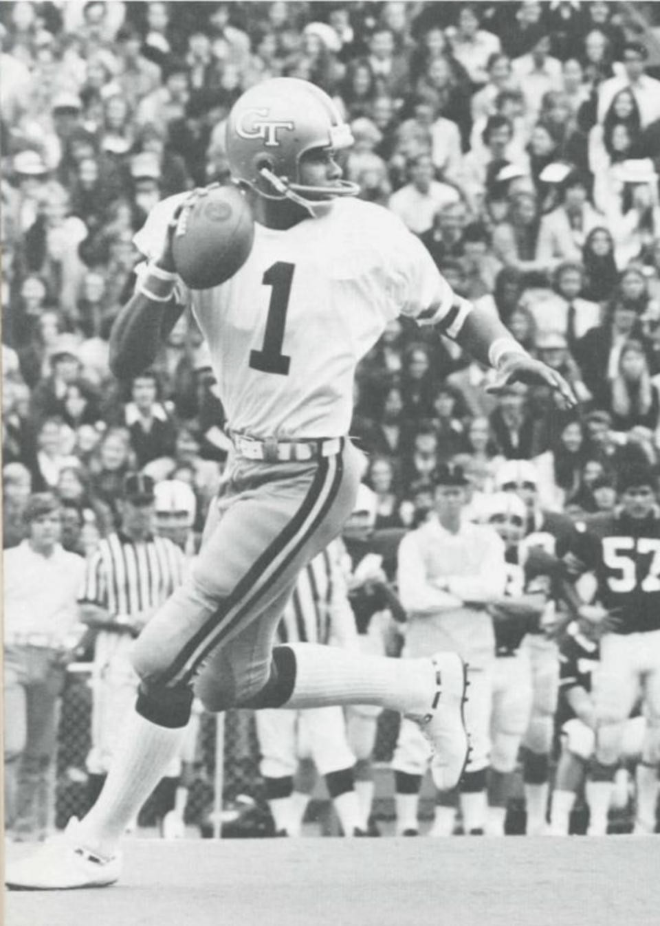 Vintage black and white game action photo of Eddie McAshan, quarterback for the Georgia Tech Yellow Jackets football team, during an unidentified game in the 1972 season.