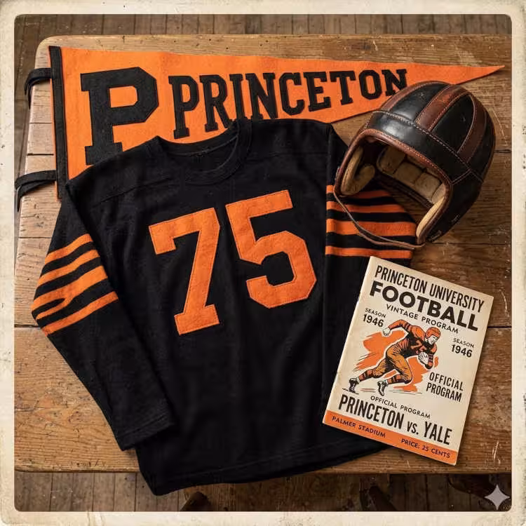 AI-generated black Princeton jersey 75 on a wooden table with a tan and brown leather helmet and period example of a program