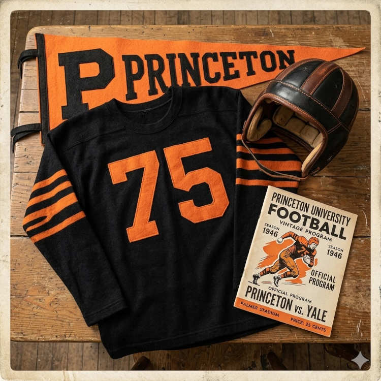AI-generated black Princeton jersey 75 on a wooden table with a tan and brown leather helmet and period example of a program