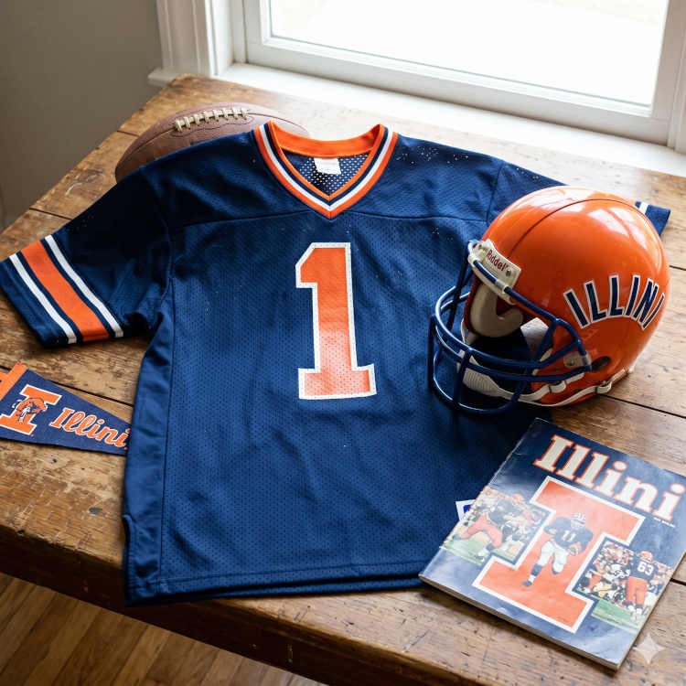 Vintage University of Illinois Fighting Illini football memorabilia display as seen in Illini_01.jpg. Features a navy blue mesh jersey with an orange-and-white trimmed block number 1, a classic orange Riddell helmet with a blue cage facemask and arched 'ILLINOIS' decal, a retro game program, a vintage mini pennant, and a leather football resting on a rustic wooden table.
