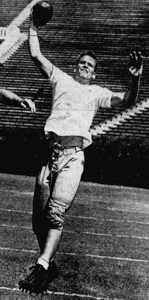Black and white newspaper photo of Members of the United States Army football team in 1942, cropped, John Kimbrough.