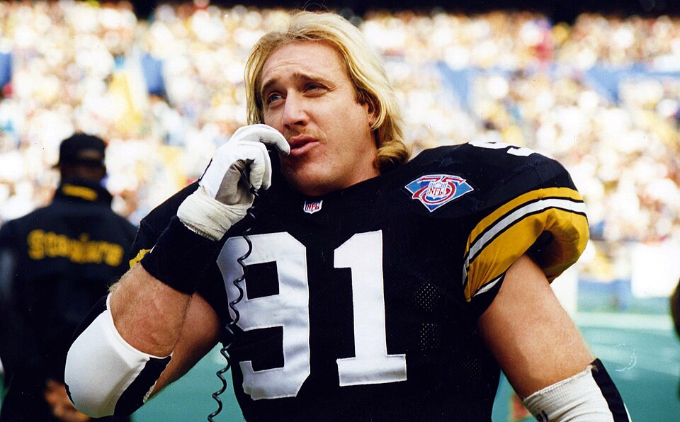 Color game day image of Kevin Greene talks to the Pittsburgh Steelers defensive coordinator during a game against the Miami Dolphins at Three Rivers Stadium on November 20th, 1994.