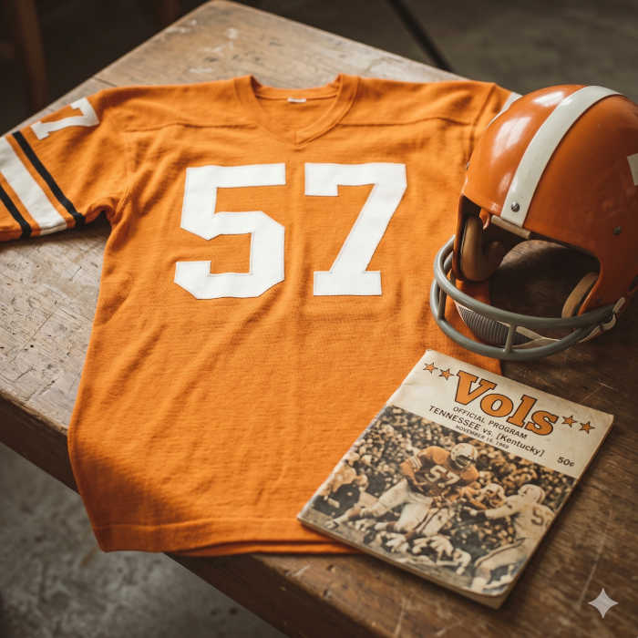 Full color created AI result of an image of a Tenn Vols jersey number 57 from the 1960s era sitting on a wooden bench
