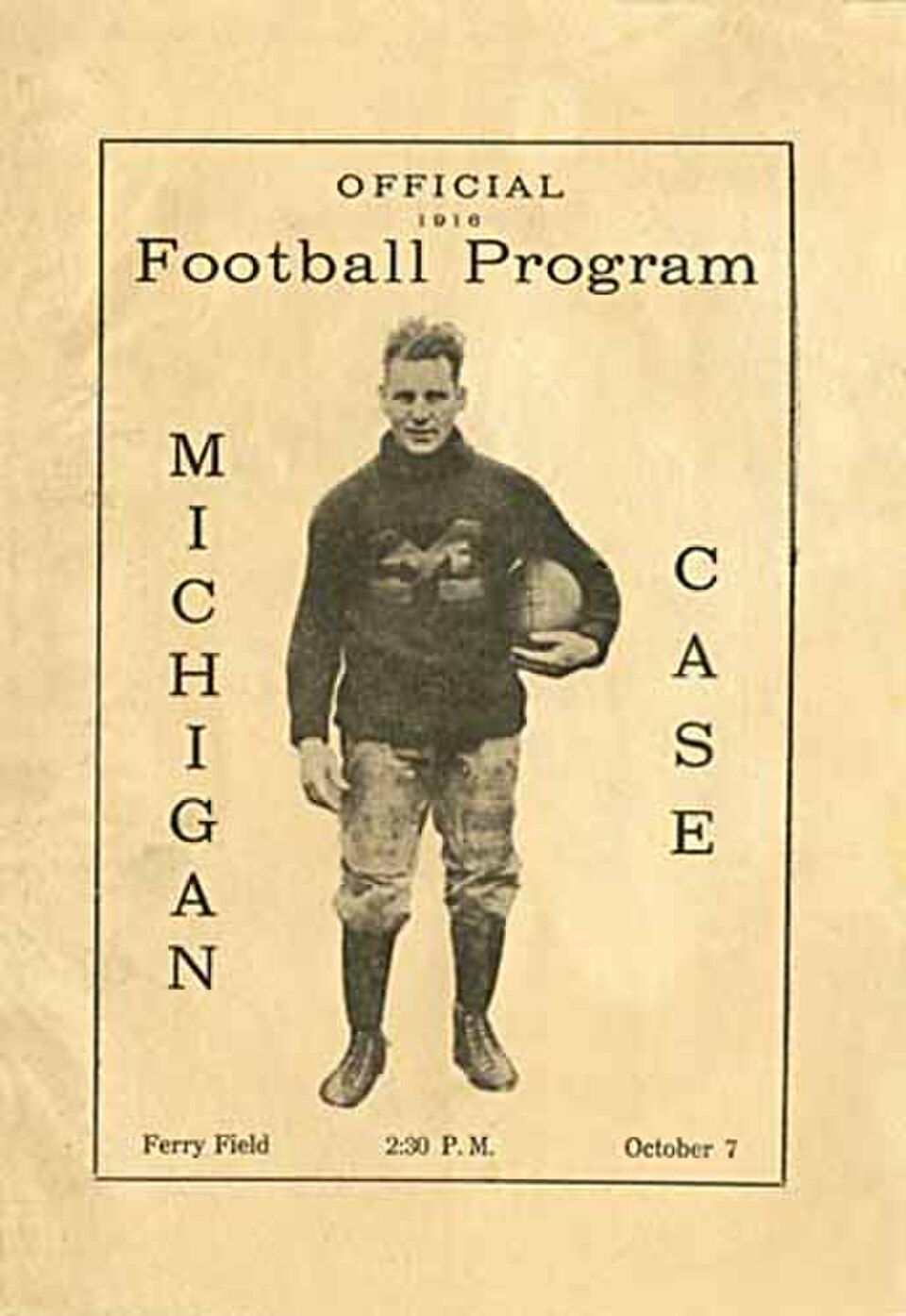 Vintage yellowed Michigan Wolverines Case Western Reserve Spartans football program October 7, 1916 Ann Arbor Cleveland Ferry Field Case School of Applied Science 19-3 John Maulbetsch of Michigan