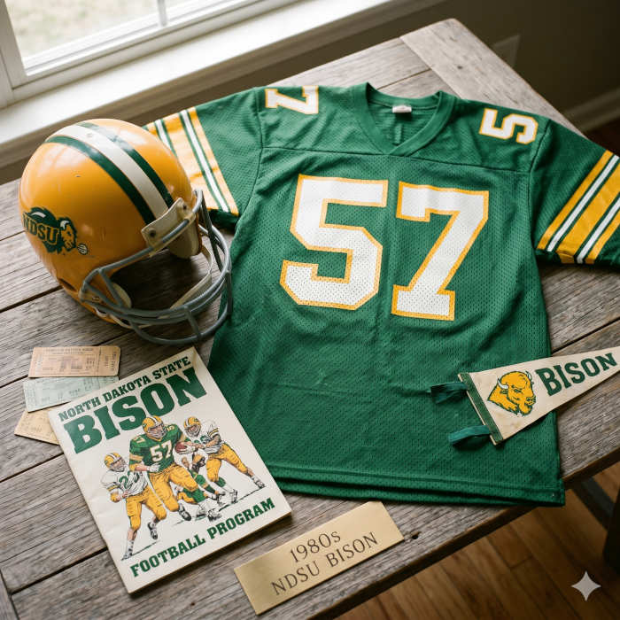 SEO Optimized Alt Text "Vintage North Dakota State Bison #57 football jersey as seen in NDST_57.jpg. Heavy green mesh with white-and-yellow trimmed block numbers and traditional sleeve stripes. Includes a vintage gold helmet with a green-and-white center stripe and 'NDSU' bison logo decal, an official game program, retro ticket stubs, and a mini 'BISON' pennant on a rustic wooden table.