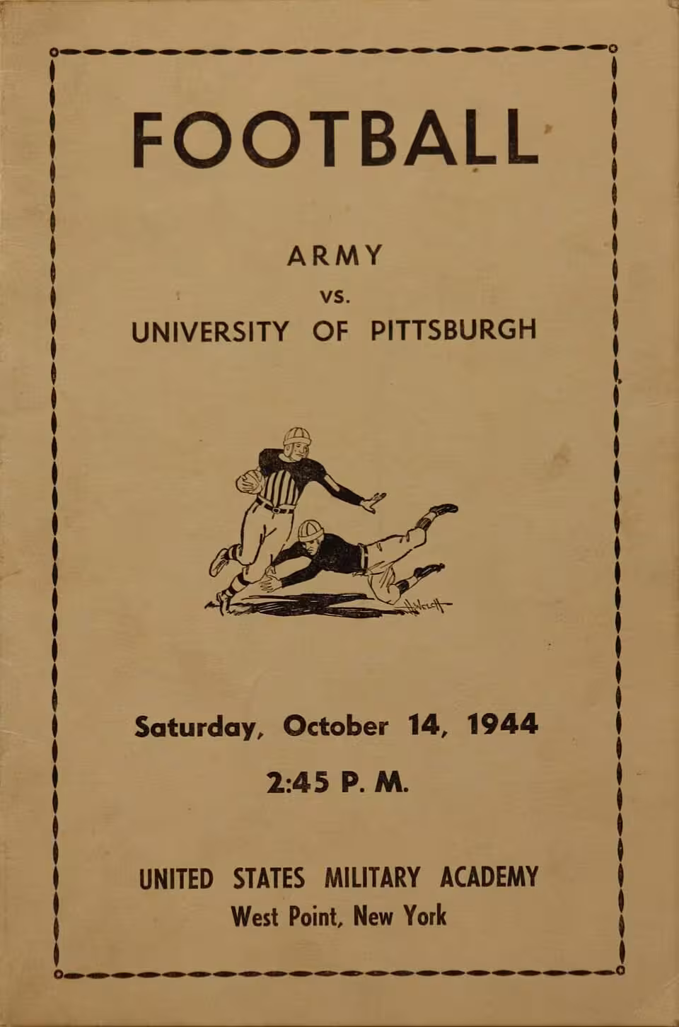 Simplistic tan colored October 14, 1944 Army versus University of Pittsburgh football game roster sheet with football graphic.