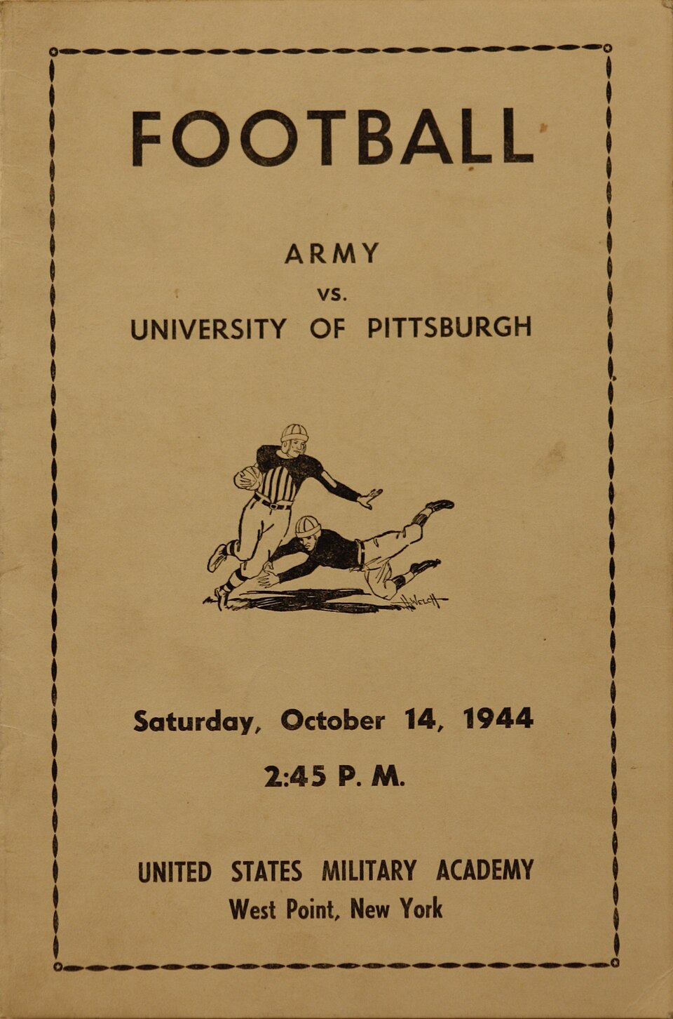 Simplistic tan colored October 14, 1944 Army versus University of Pittsburgh football game roster sheet with football graphic.