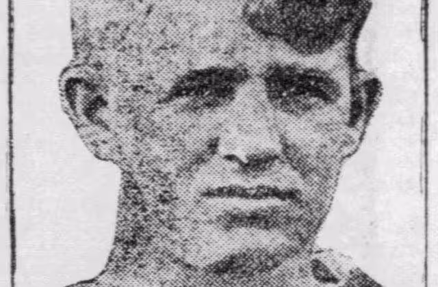 Vintage black and white newspaper image publicity head shot of 1925 photographs of Illinois Fighting Illini football team captain Red Grange, Northwestern Wildcats football player Ralph "Moon" Baker, Wisconsin Badgers football team captain Steve Polaski, and Chicago Maroons football team captain Fred Henderson