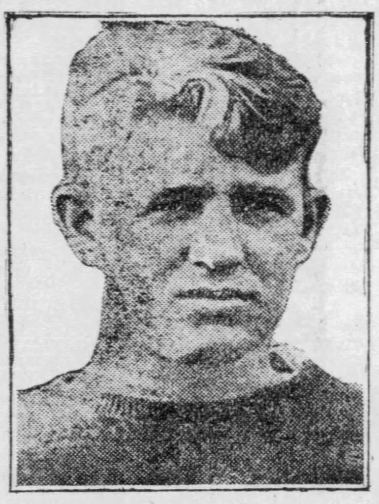 Vintage black and white newspaper image publicity head shot of 1925 photographs of Illinois Fighting Illini football team captain Red Grange, Northwestern Wildcats football player Ralph "Moon" Baker, Wisconsin Badgers football team captain Steve Polaski, and Chicago Maroons football team captain Fred Henderson