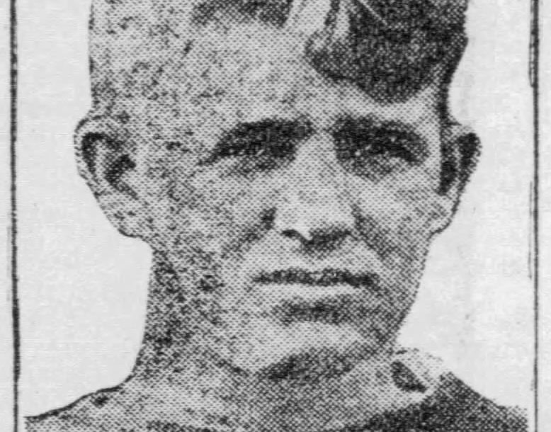 Vintage black and white newspaper image publicity head shot of 1925 photographs of Illinois Fighting Illini football team captain Red Grange, Northwestern Wildcats football player Ralph "Moon" Baker, Wisconsin Badgers football team captain Steve Polaski, and Chicago Maroons football team captain Fred Henderson