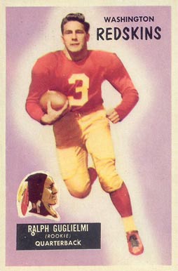 Vintage 1955 Bowman football card number 95 featuring Washington Redskins rookie quarterback Ralph Guglielmi. The card displays a full-length illustration of Guglielmi running with a football in a red jersey with yellow number 3 and yellow pants against a purple gradient background. Includes a retro team logo cutout and a black nameplate reading 'Ralph Guglielmi (Rookie) Quarterback' for historical research and vintage card collections.