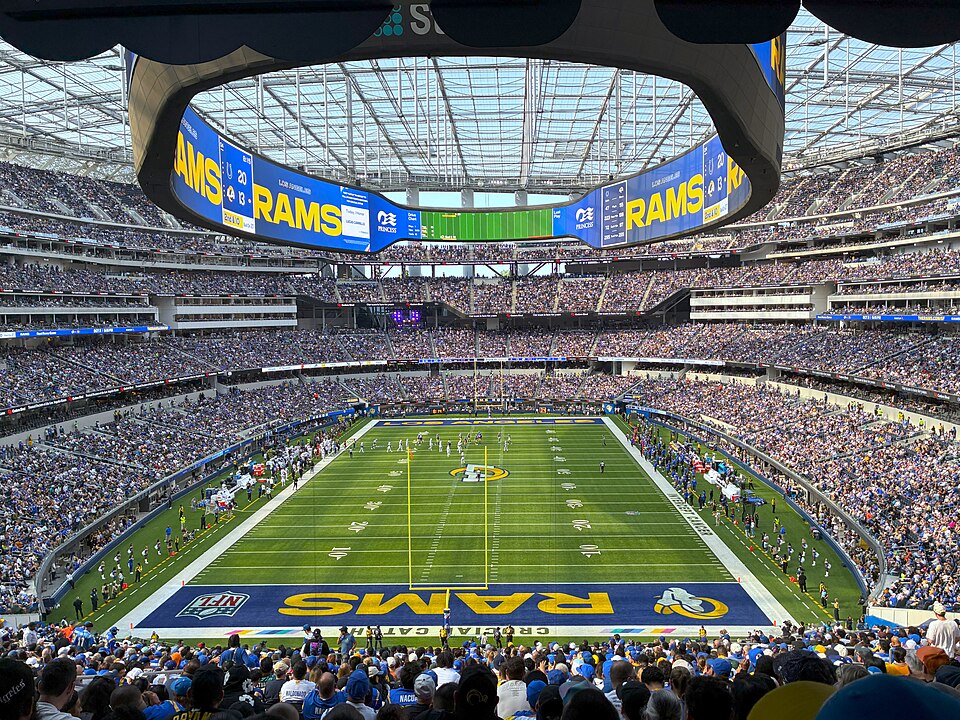 Full color image courtesy of an uploader on Wikimedia commons of a grandstands endzone shot of LA Rams So-Fi Stadium in 2025.