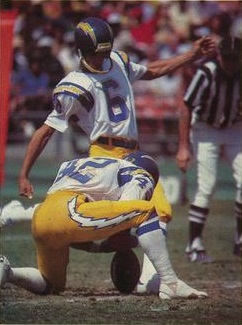 Full color kicking a FG action image of Rolf Benirschke playing for the San Diego Chargers circa 1980. Image from a trading card released in 1981, but likely to come from an earlier season.