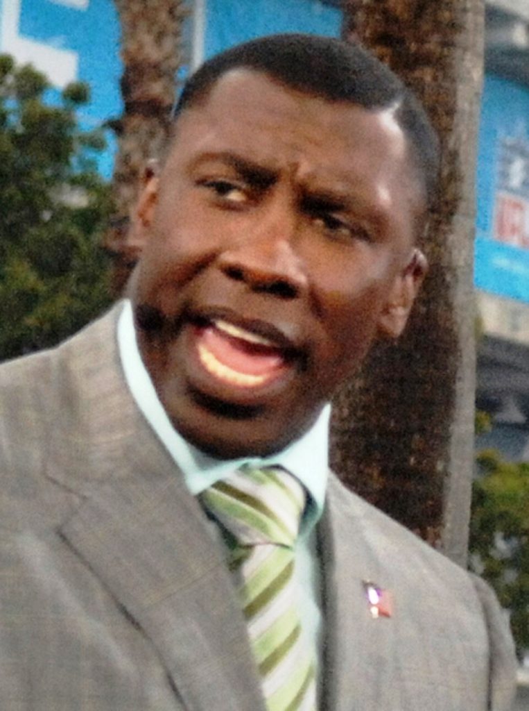 Full color cropped head shot of The NFL Today's Shannon Sharpe during the Super Bowl XLI pre-game show in Miami, Fla. VIRIN: 070204-F-7251M-906 Staff Sgt Kristi Machado, USAF