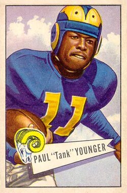 Full color trading card image of Younger on a 1952 Bowman football card