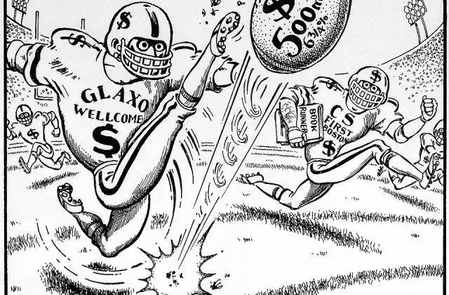 Black and white cartoon illustration of American football in Europe 1995