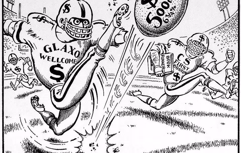 Black and white cartoon illustration of American football in Europe 1995