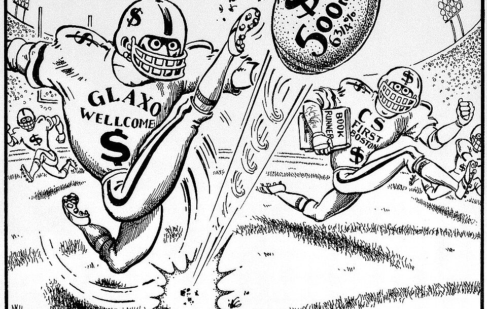 Black and white cartoon illustration of American football in Europe 1995