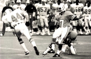 Houston Oilers kicker Tony Zendejas attempting a field goal during a 1985 home game against the Miami Dolphins.